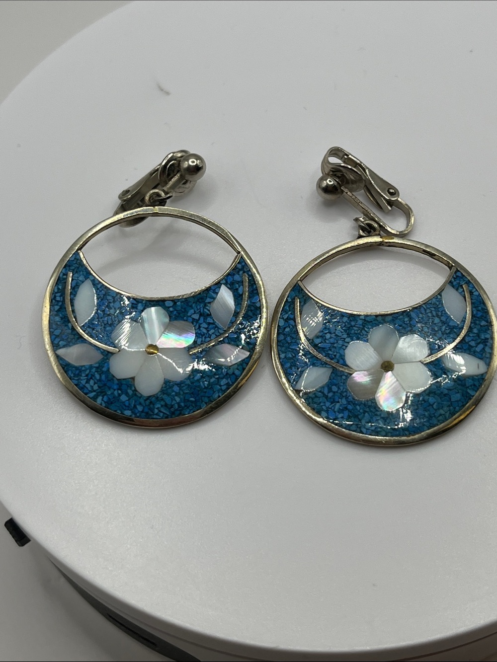 Vintage Alpaca Mexico Silver Turquoise Floral Earrings Clip On's